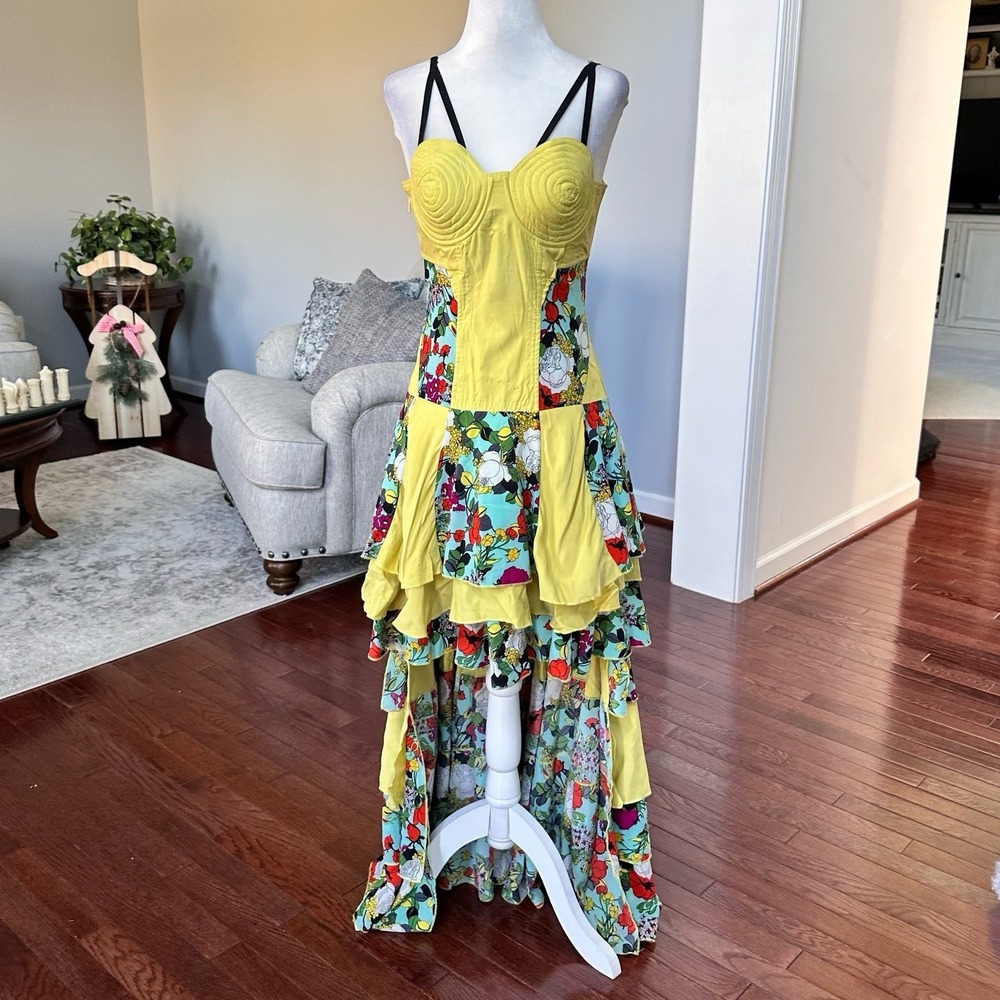 Nuvula Strappy Black Lime Floral Unique Cutout Pattern High Low Dress‎